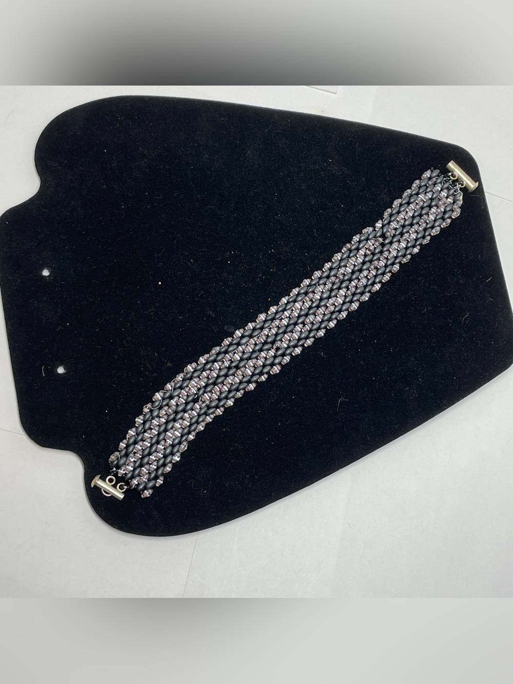 Iridescent Clear And Matte Black Bead Cuff Bracelet boho glass Barrel Clasp